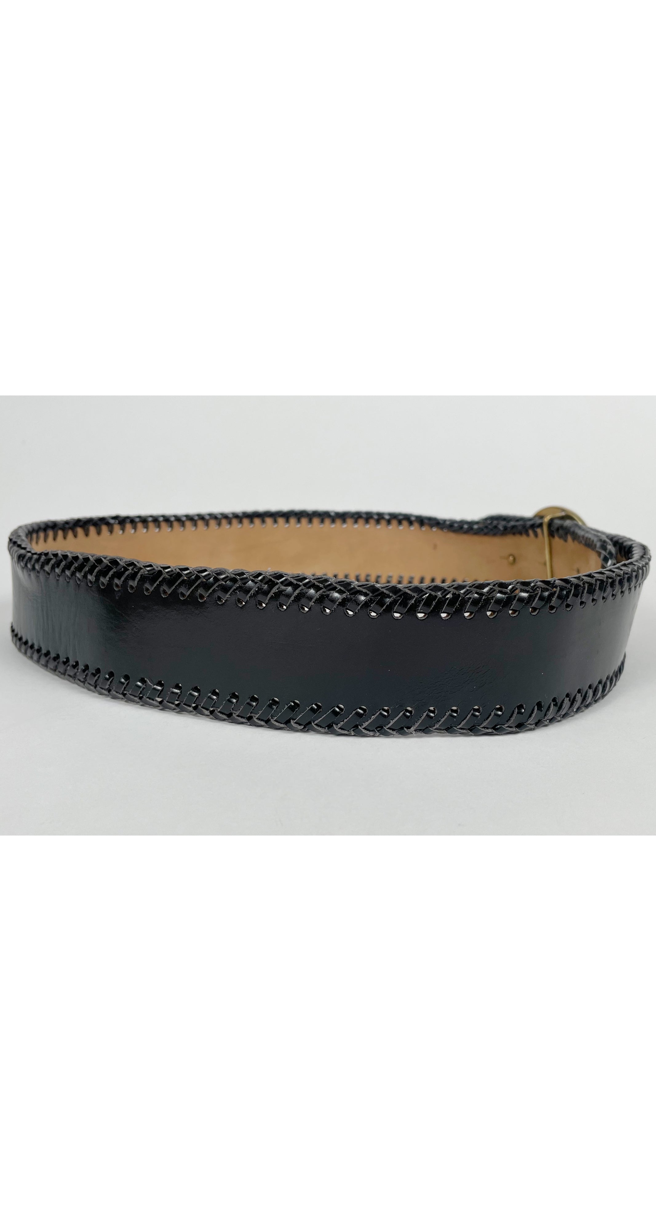 1990s "LET'S LOVE EACH OTHER" Black Whipstitch Leather Belt
