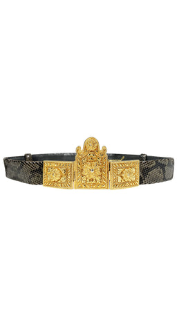 1980s Ornate Gold Buckle Python Skin Belt