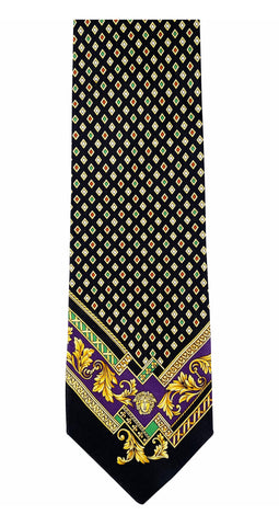 1990s Medusa Geometric Print Black Silk Men's Tie