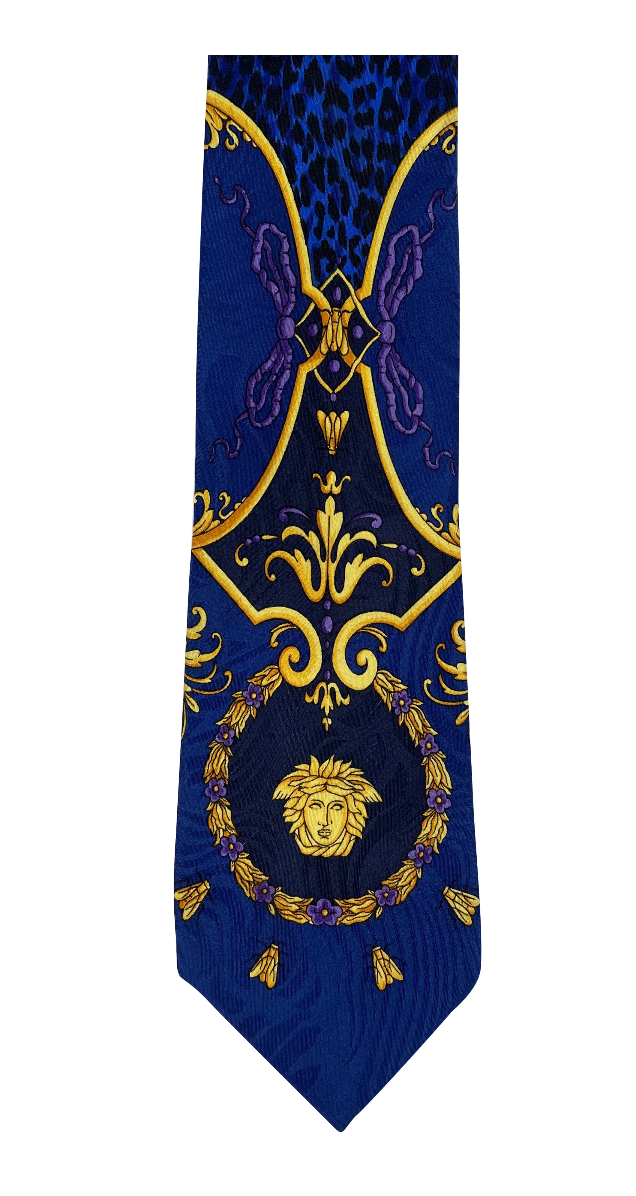 1990s Medusa Leopard Print Blue Silk Men's Tie