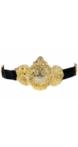 1970s Gold Metal Buckle Black Leather Statement Belt