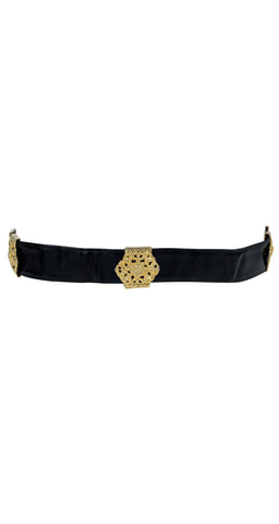 1970s Gold Metal Buckle Black Leather Statement Belt