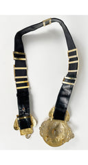 1970s Gold Metal Buckle Black Leather Statement Belt