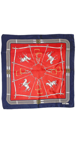 1980s Equestrian Horsebit Red & Navy Silk Scarf