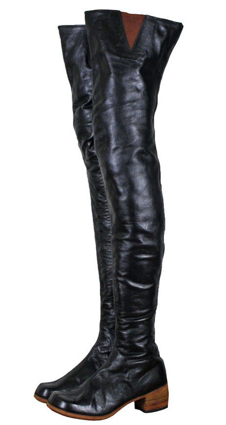 1960s Black Leather Thigh High Wood Stacked Heel Boots