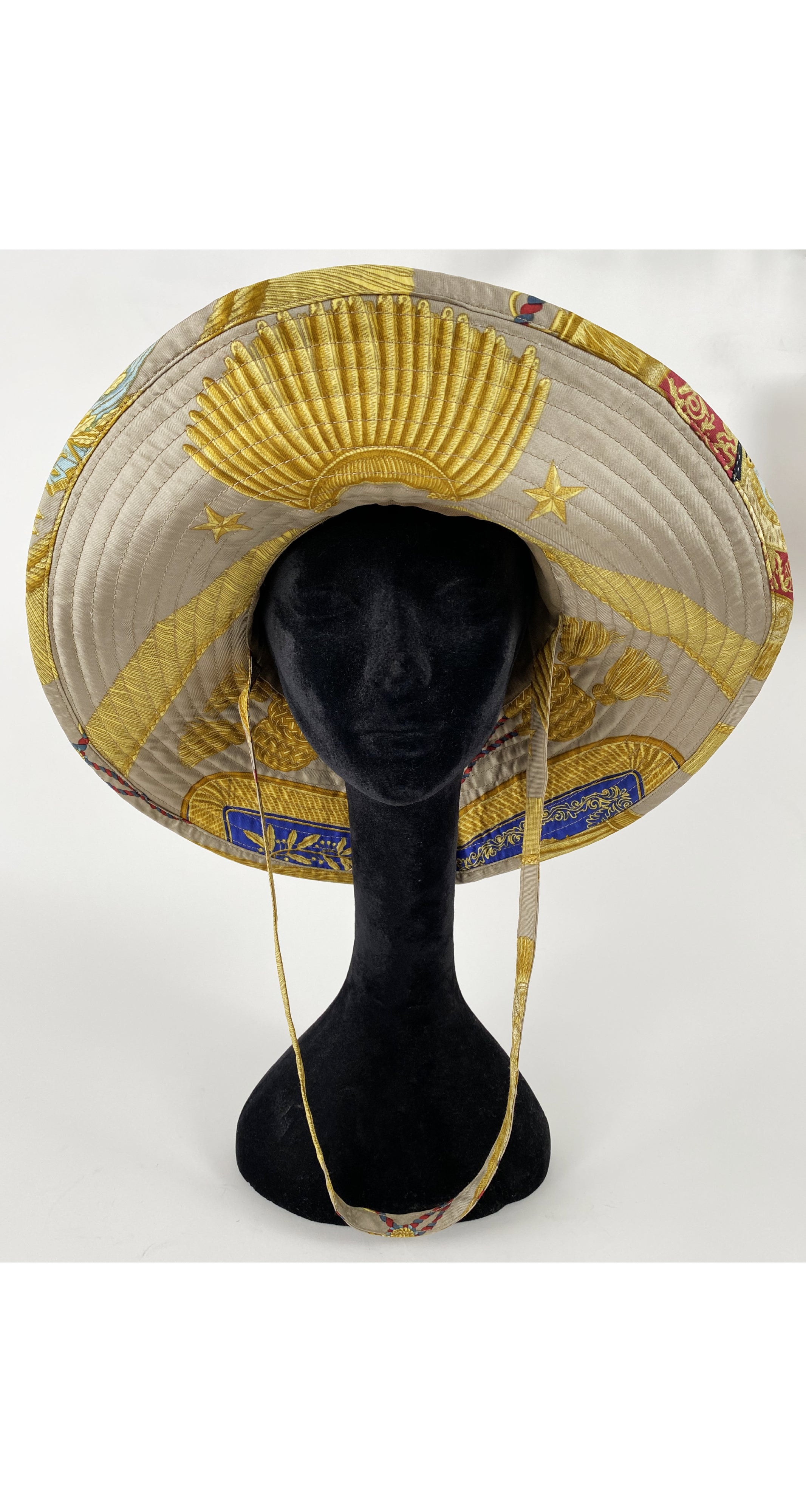 c. 1990 Tassel Print Silk Wide Brim Sun Hat