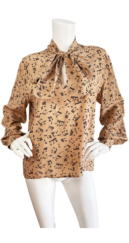 1980 S/S Musical Notes Novelty Print Silk Ascot Blouse