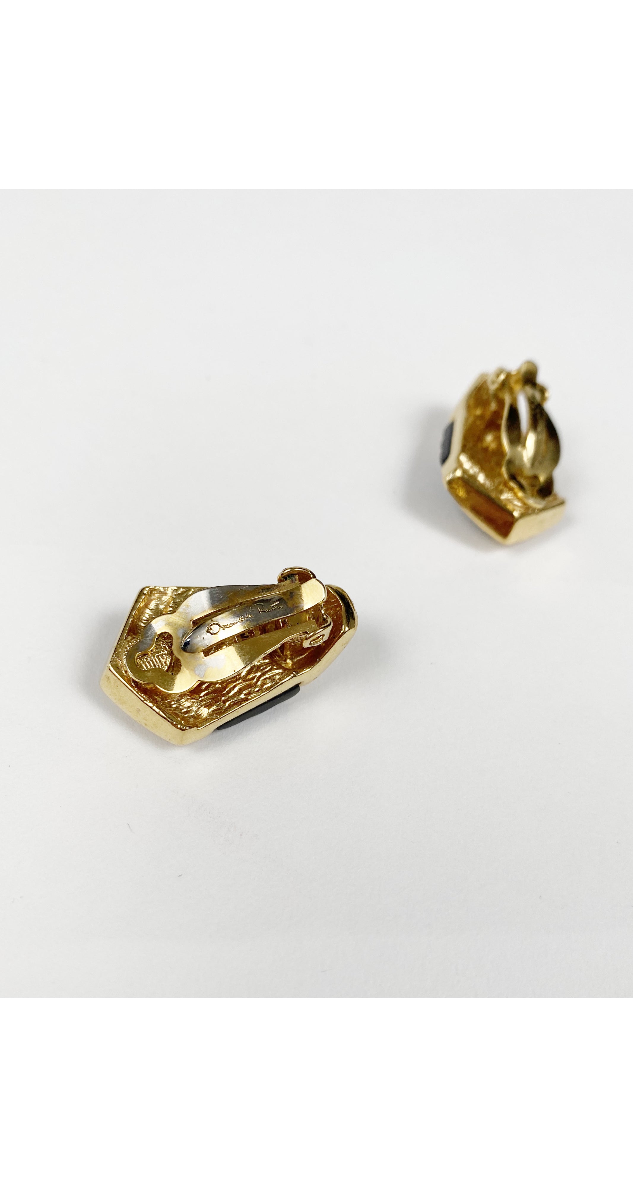 1980s Rhinestone Black & Gold Clip-On Earrings