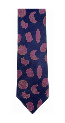 1990s Mask, Sun & Moon Print Navy Silk Men's Tie