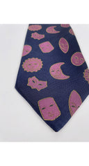 1990s Mask, Sun & Moon Print Navy Silk Men's Tie