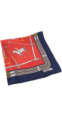 1980s Equestrian Horsebit Red & Navy Silk Scarf