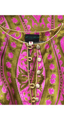 1970s Gold Stenciled Pink & Green Raw Silk Caftan