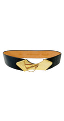 1980s Gold-Tone Metal Buckle Black Leather Waist Belt