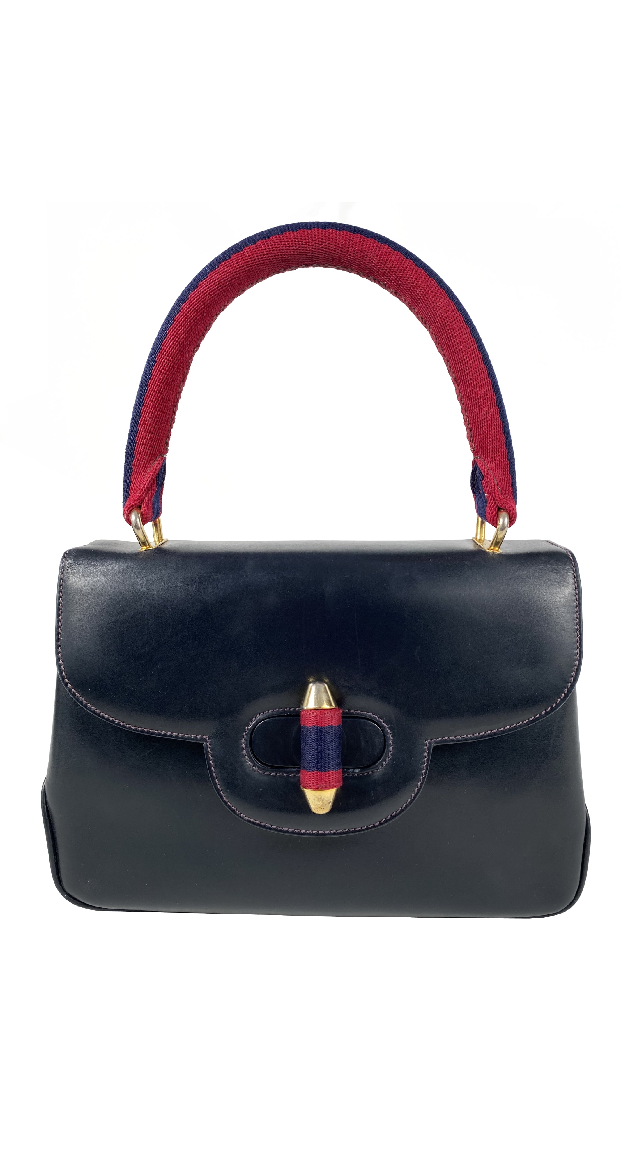 1960s Stripe Canvas Navy Leather Top-Handle Handbag