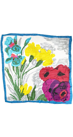 1980s 42" Floral Striped Silk Chiffon Scarf