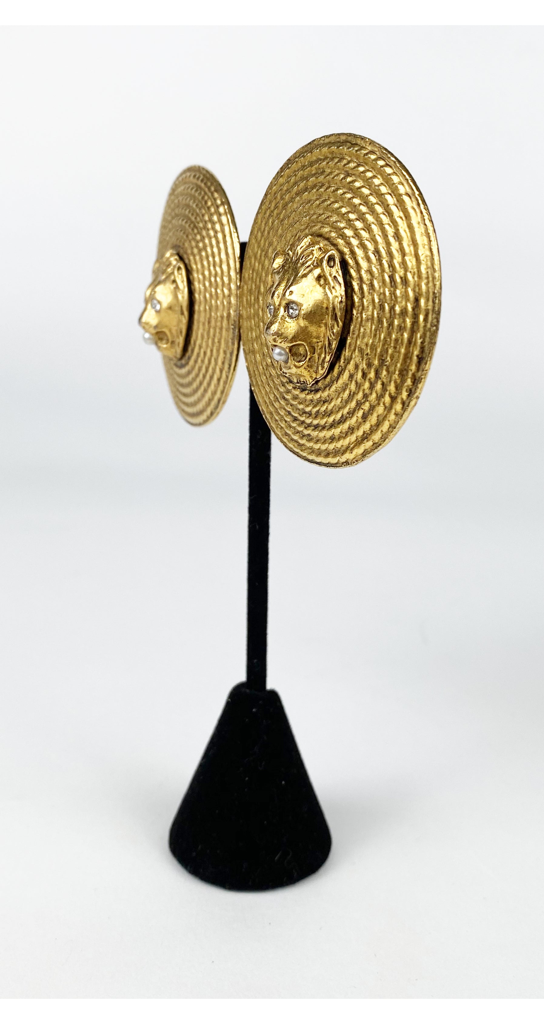 1980s Lion Head Medallion Gold-Tone Clip-On Earrings