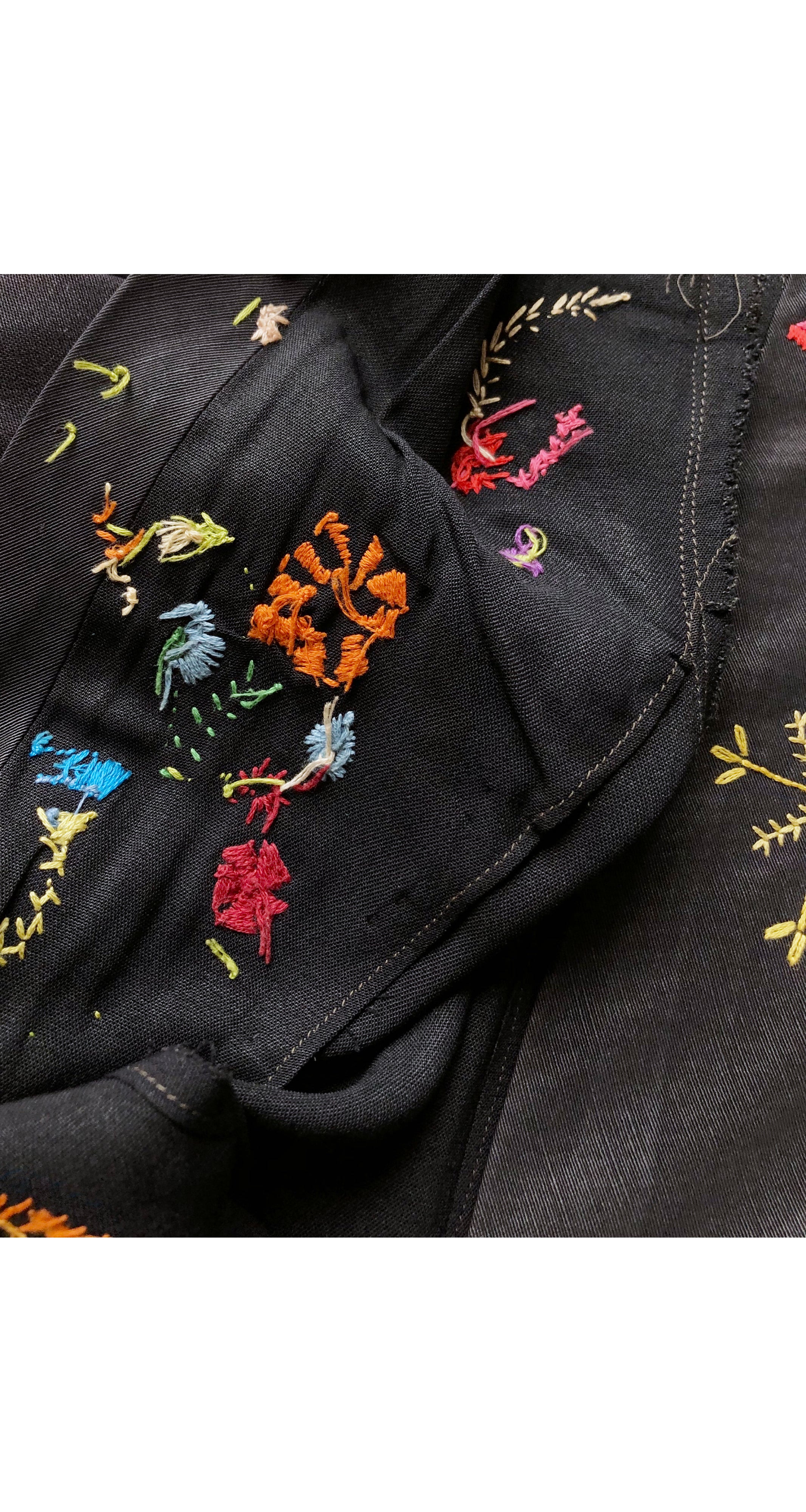 1930s Floral Hand-Embroidered Black Rayon Jacket