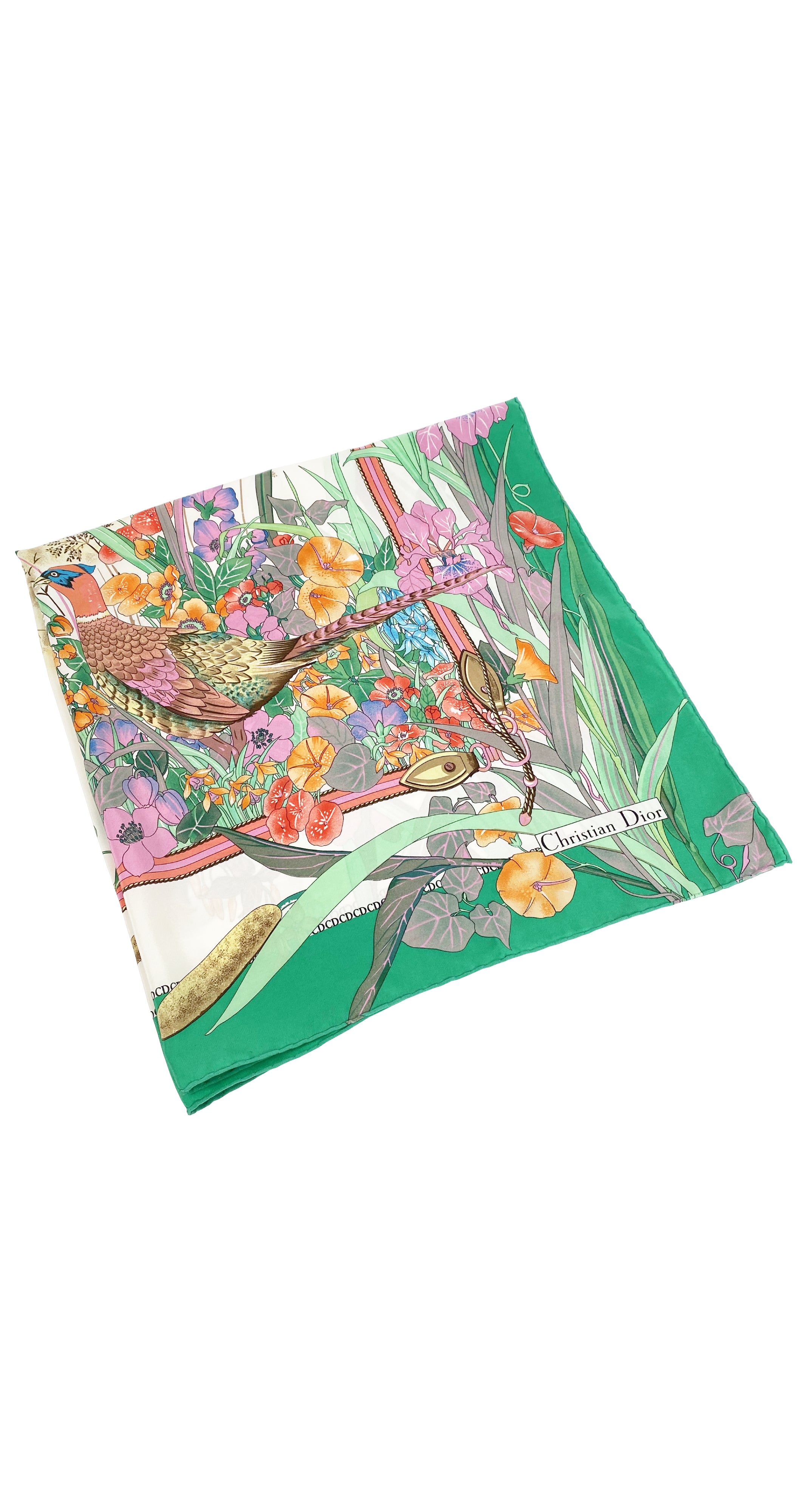 1980s NIB Pheasant Floral Print Silk Scarf
