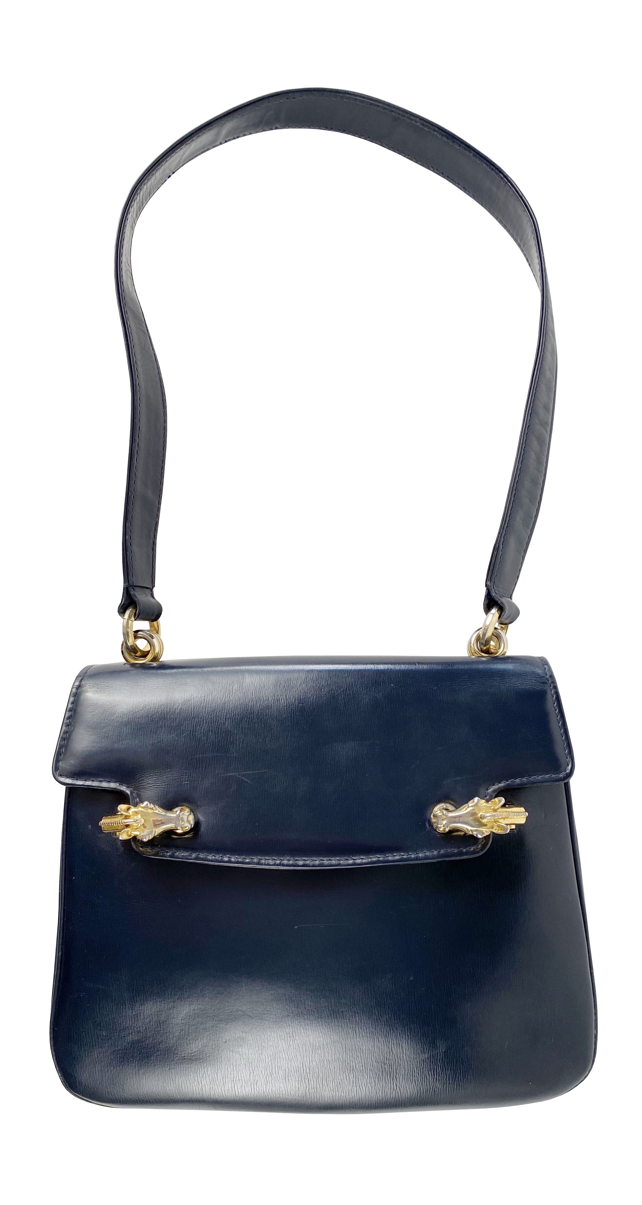 Gucci 1960s Vintage Horsehead Clasp Navy Leather Handbag – Featherstone  Vintage