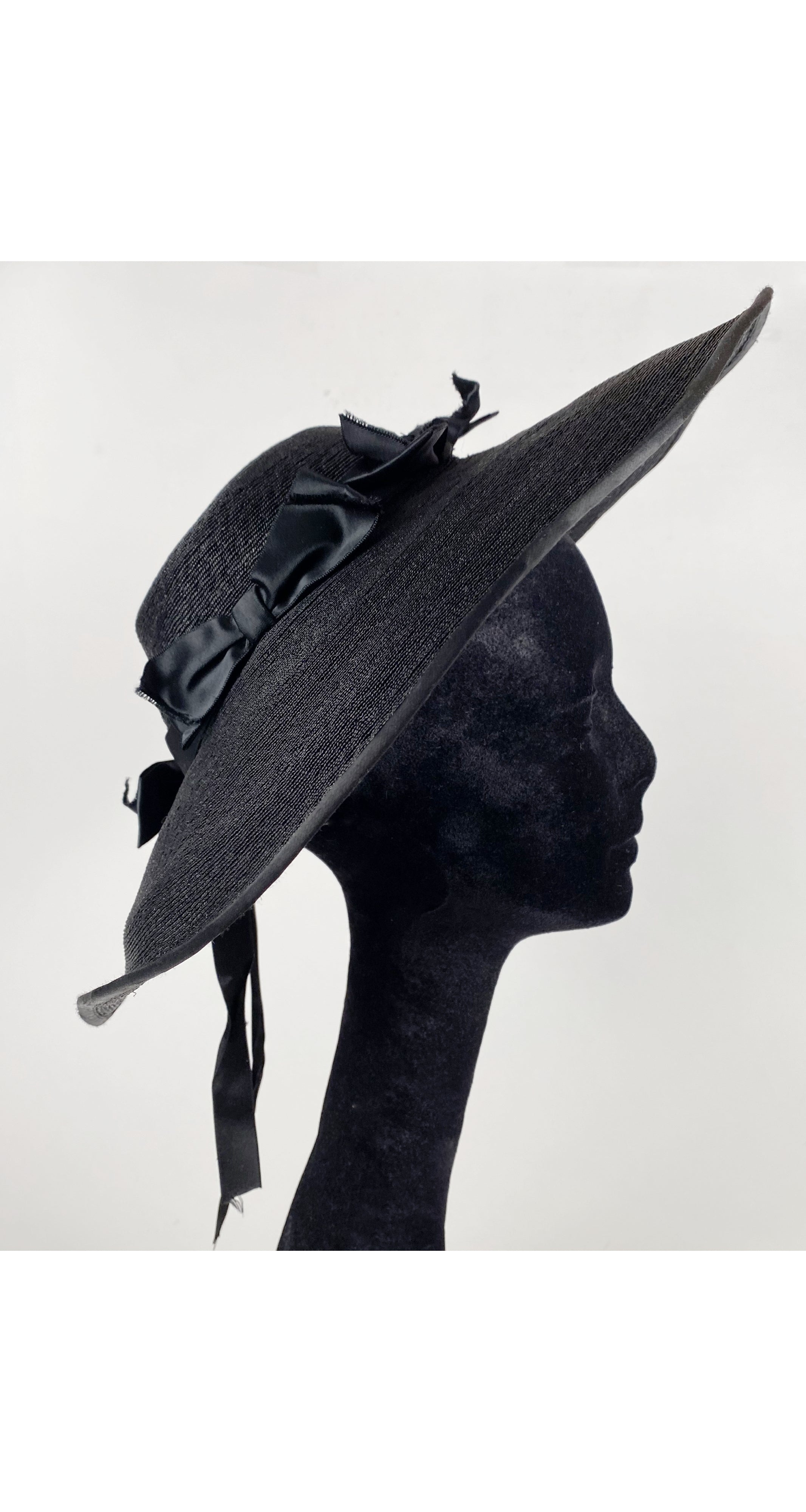 1930s Black Silk Bow & Straw Wide-Brim Hat