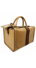 1970s Tan Leather Red & Green Stripe Travel Case