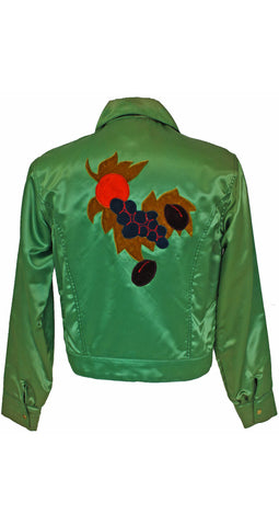 1970's Green Satin Fruit Applique Bomber Jacket