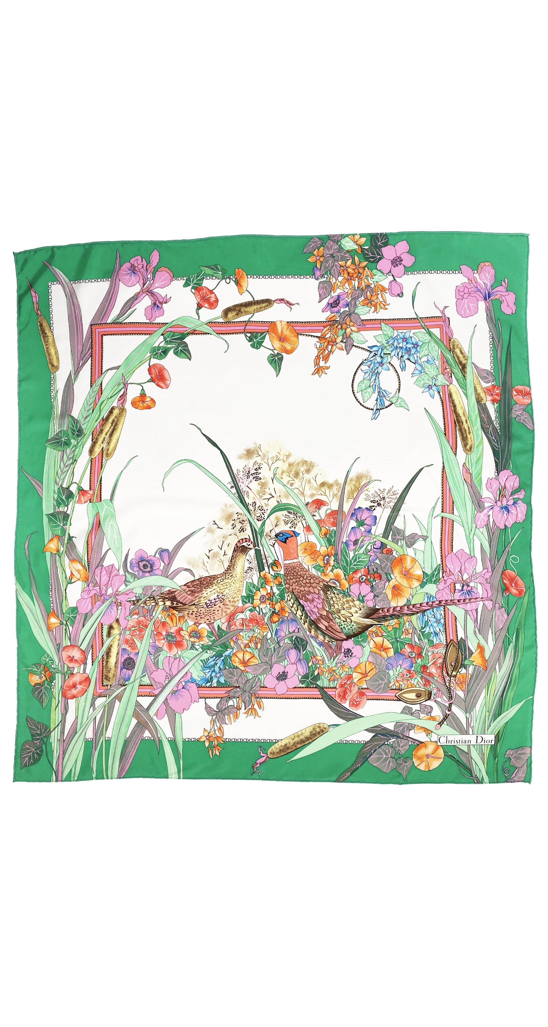 1980s NIB Pheasant Floral Print Silk Scarf