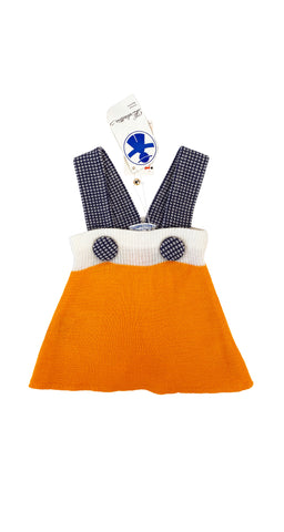 1970s NOS Girl's Orange & Navy Check Knit Pinafore Dress 3M