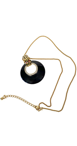 1980s Gold-Plated Leopard & Black Enamel Pendant Necklace