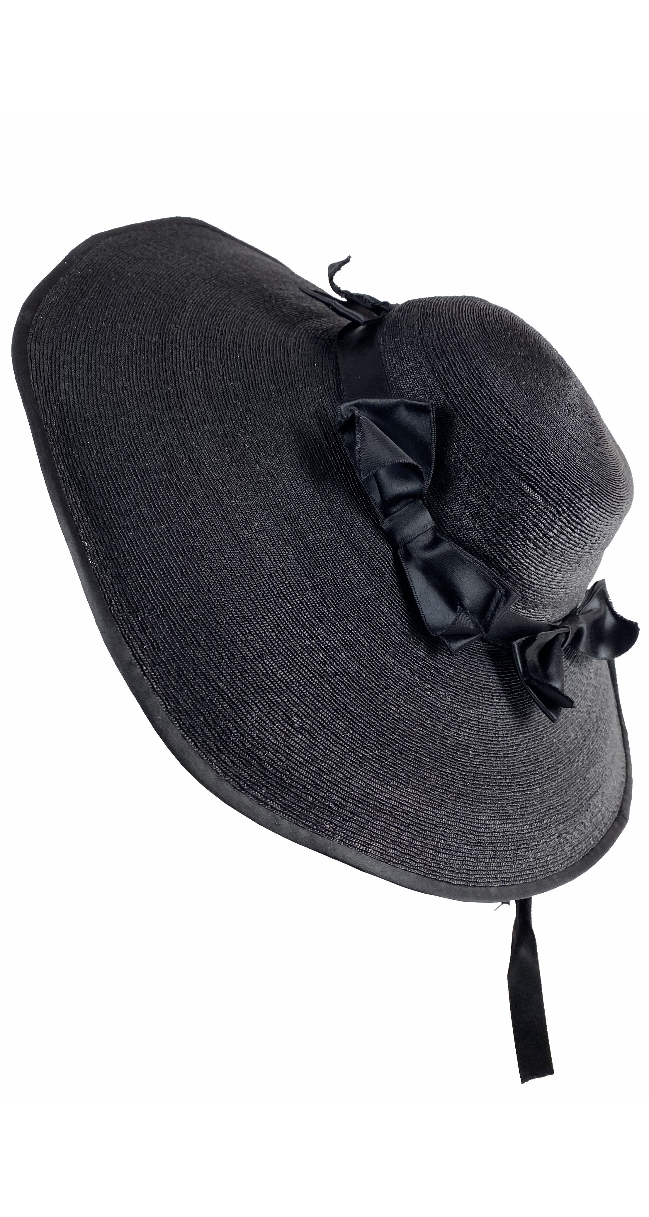 1930s Black Silk Bow & Straw Wide-Brim Hat