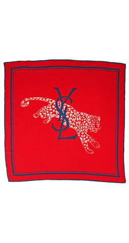 1980's Logo Leopard Red Silk Scarf