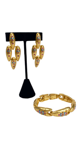 1990s Rhinestone Gold-Tone Clip-On Earrings & Bracelet Set