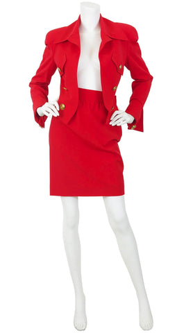 1980s Blood Orange Wool Blazer and Mini Skirt Suit