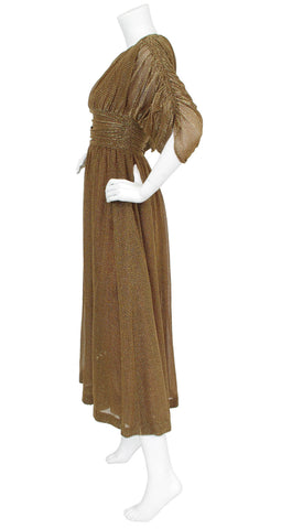 1970s Bronze Lurex Metallic Ruched Evening Dress