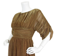 1970s Bronze Lurex Metallic Ruched Evening Dress