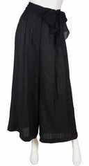 1980s Silk Bow Black Linen Wide-Leg Trousers