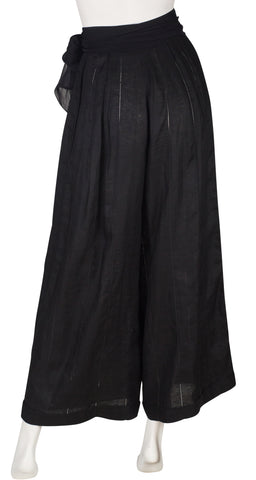 1980s Silk Bow Black Linen Wide-Leg Trousers