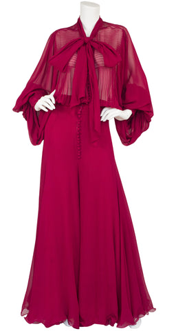 1970s Burgundy Silk Chiffon Billowing Sleeve Palazzo Jumpsuit