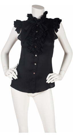 1970s Black Silk Ruffle Tie-Neck Top