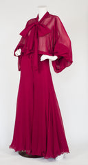 1970s Burgundy Silk Chiffon Billowing Sleeve Palazzo Jumpsuit