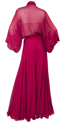 1970s Burgundy Silk Chiffon Billowing Sleeve Palazzo Jumpsuit