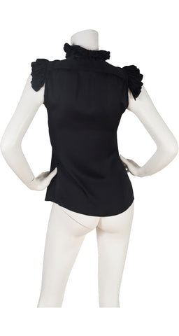 1970s Black Silk Ruffle Tie-Neck Top