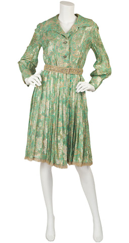 1960s Floral Green Lurex Pleated Cocktail Dress