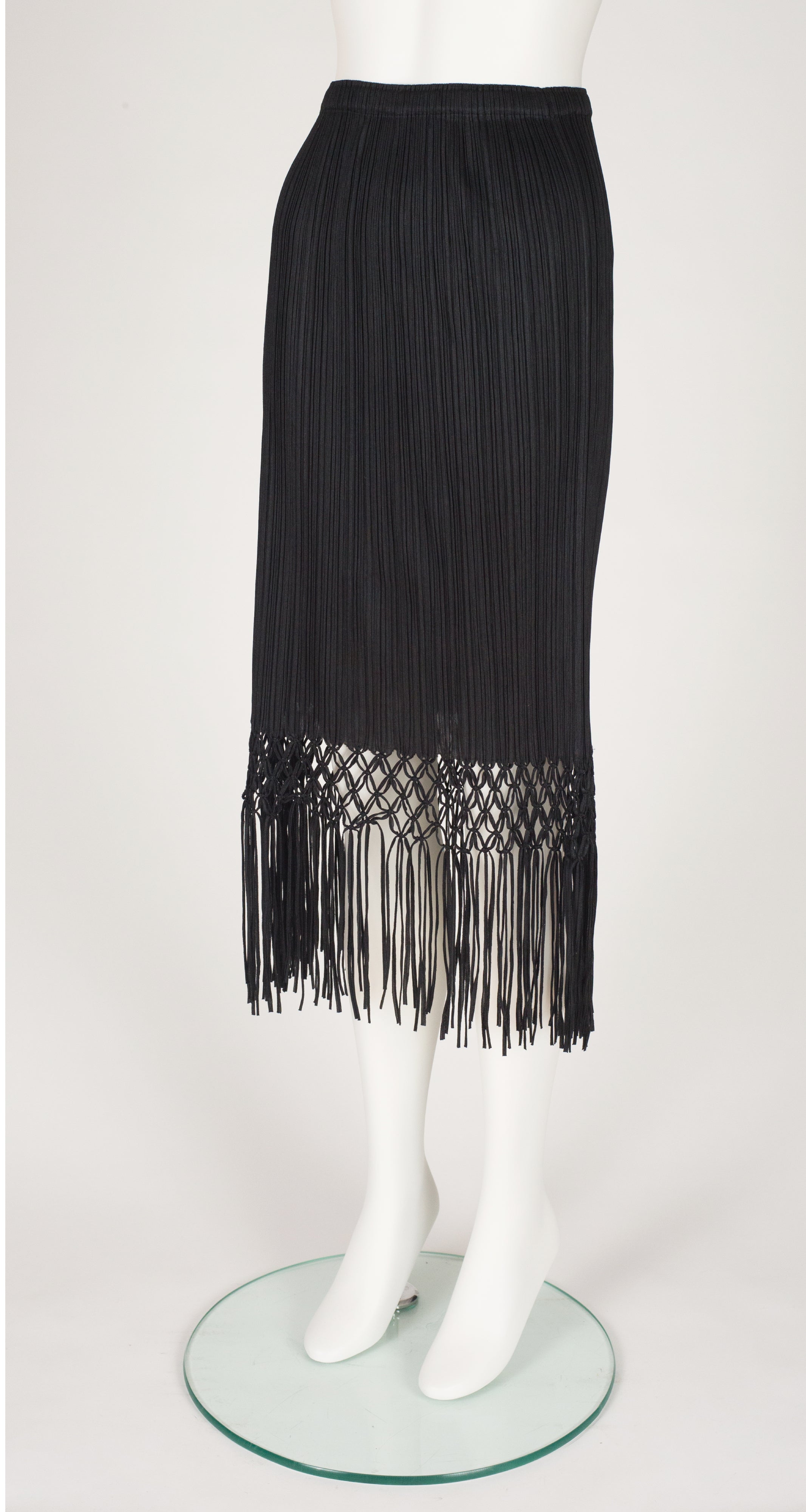 1990s Black Pleated Macrame Fringe Skirt