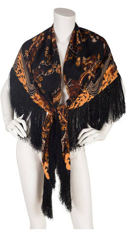 1970s Floral Black Silk Fringe Shawl