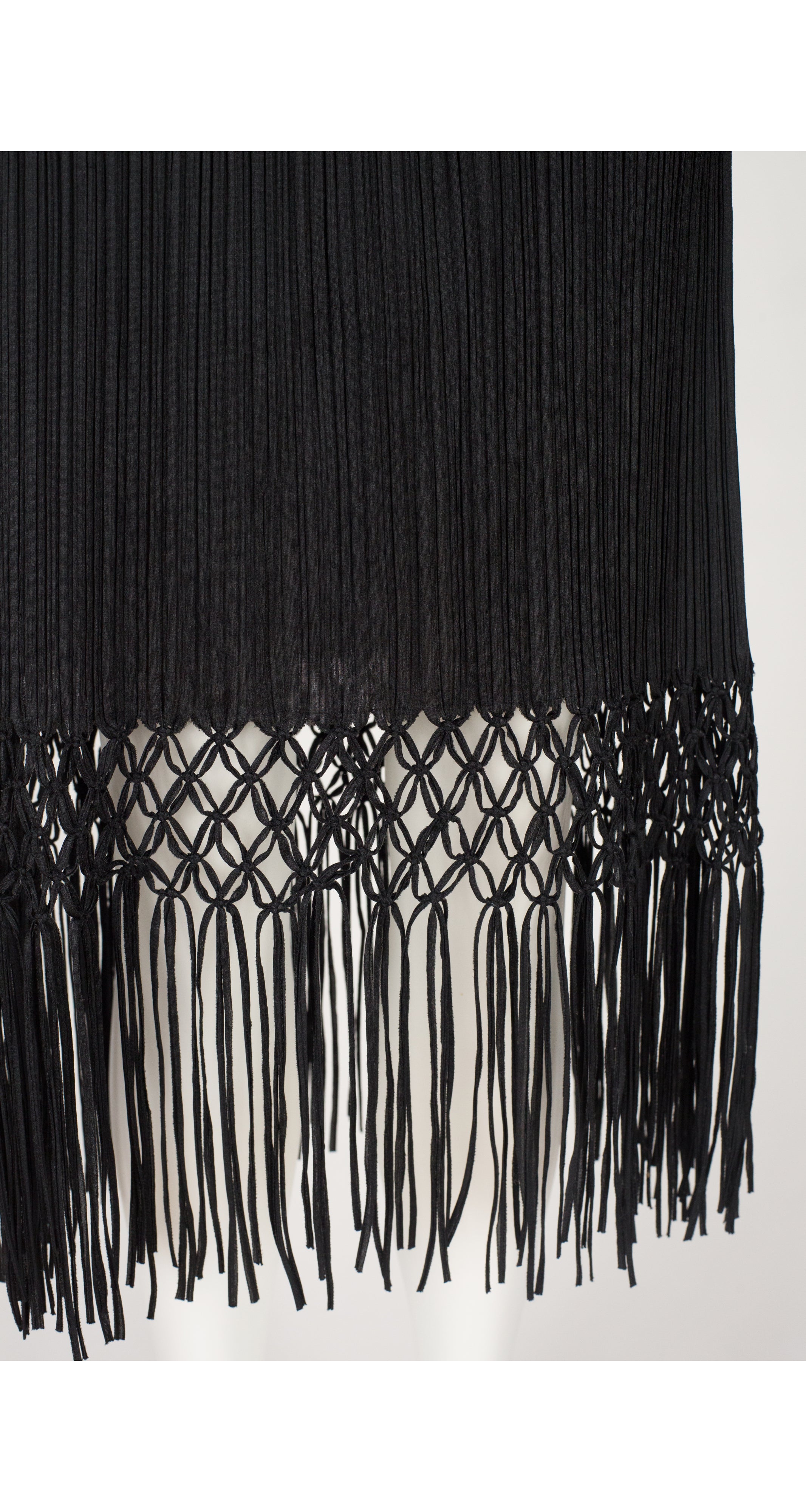 1990s Black Pleated Macrame Fringe Skirt