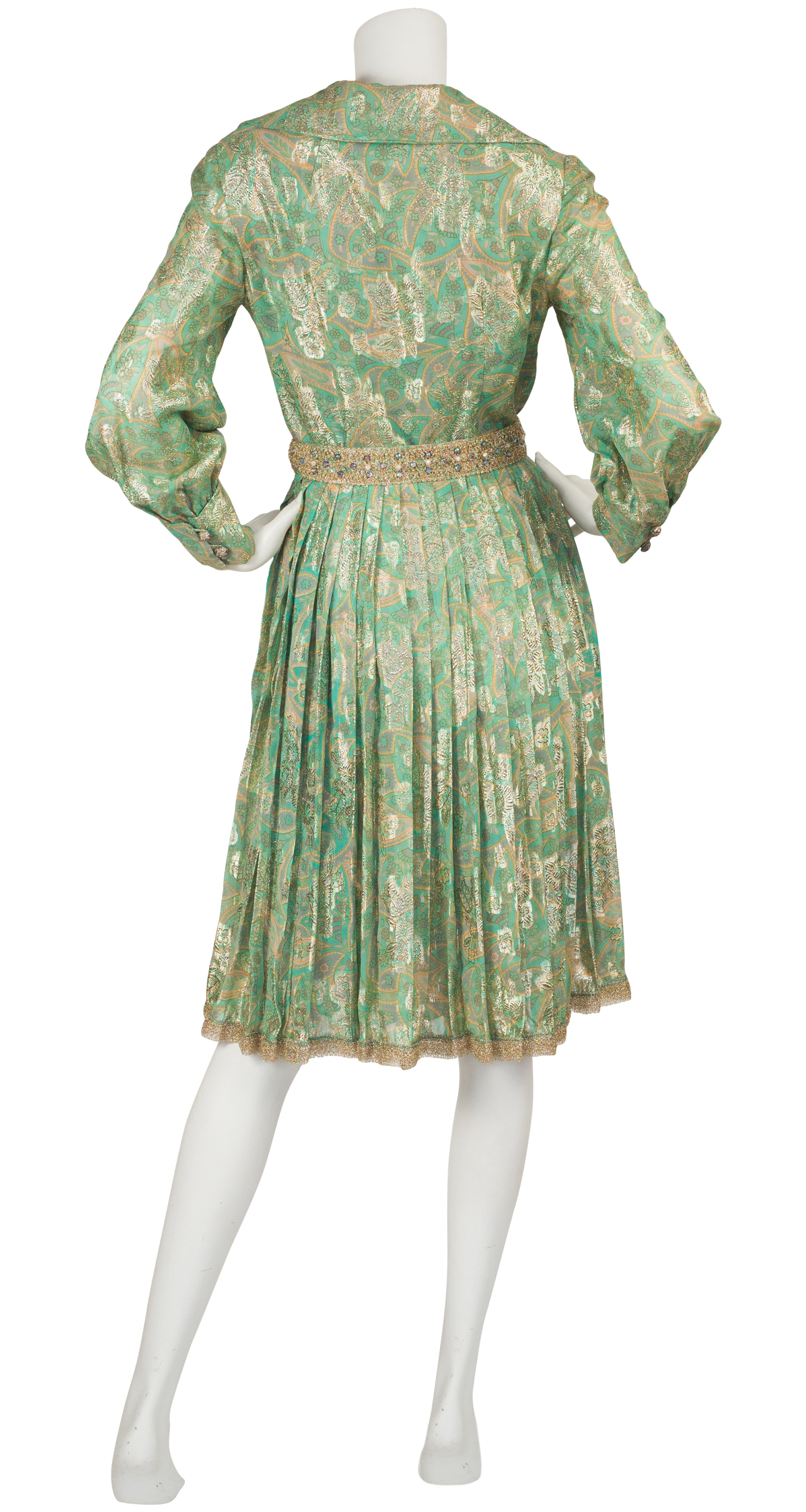 Czanne 1960s Vintage Floral Green Lurex Pleated Cocktail Dress Featherstone Vintage Czanne 1960s Vintage Floral Green Lurex Pleated Cocktail Dress Featherstone Vintage