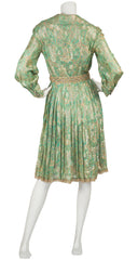 1960s Floral Green Lurex Pleated Cocktail Dress