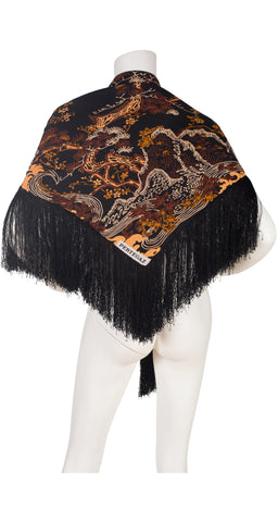 1970s Floral Black Silk Fringe Shawl