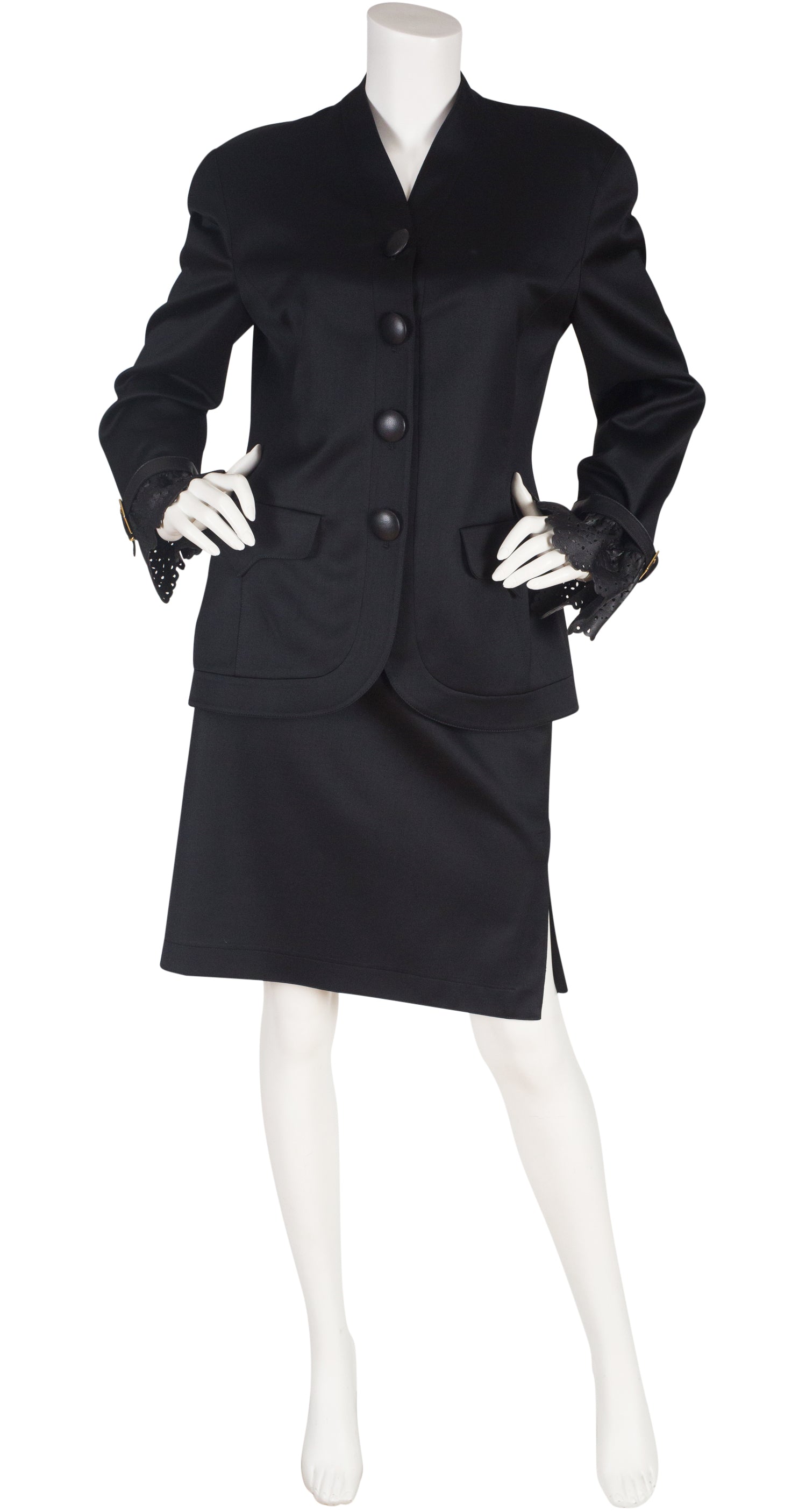 1990s Black Wool Leather Trim Skirt Suit